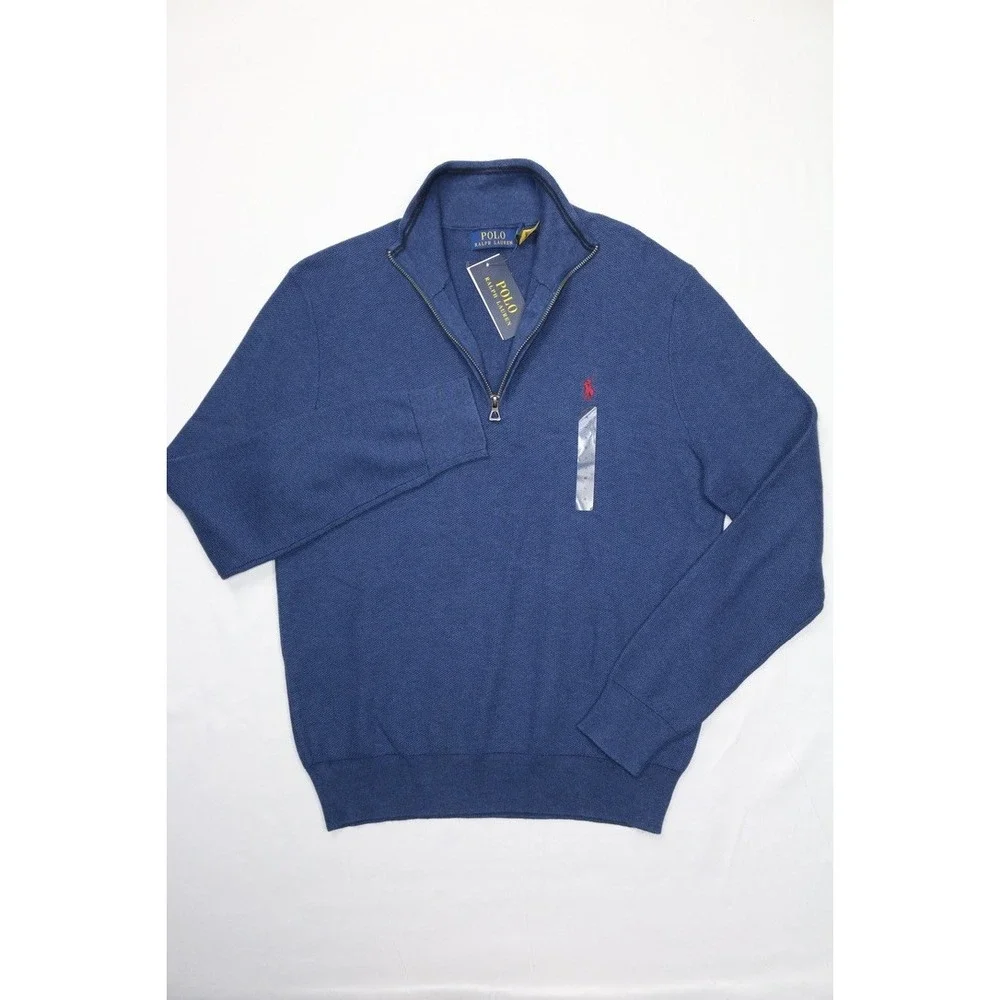 Polo Ralph Lauren Mens Waffle Knit 1/4 Zip Sweater Navy Blue Red Sz M Small Pony